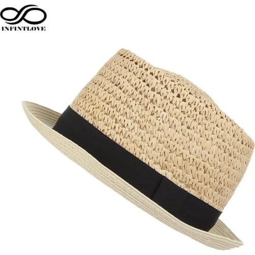 LUCKYLIANJI Womens Summer Fashion Raffia Crown Top Pork Pie Hat Casual Adjustable Breathable Outdoor Beach Jazz Soft Straw Hat