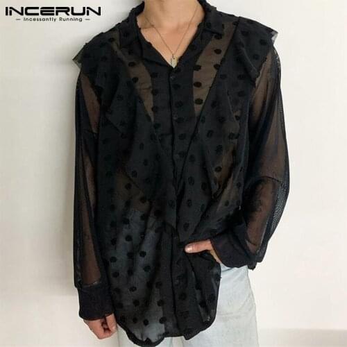 Men Shirt Lapel Long Sleeve Mesh Patchwork Jacquard Streetwear See Through Men Clothing 2021 Ruffle Casual Camisas 5XL INCERUN 7