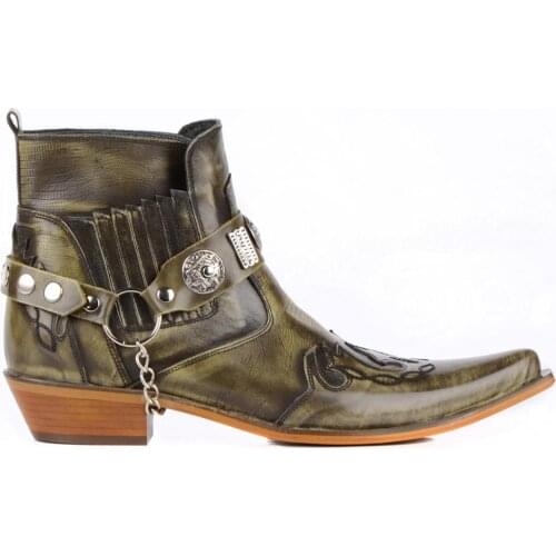 FootCourt- Texas Green Cowboy Ankle Boots Olive Western Ankle Boots Genuine Leather Pointed Toe Removable Buckled Ankle Harness