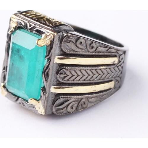 Handmade Mens 925 Silver Light Green Paraiba Tourmaline 18 K Gold Plated Ring, Handmade Rectangular Tourmaline Ring