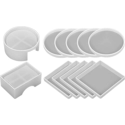 Coaster Resin Molds Set Silicone Coaster Storage Box Mold In Rectangle Round Epoxy Casting Mold For DIY Art Craft-ABUX