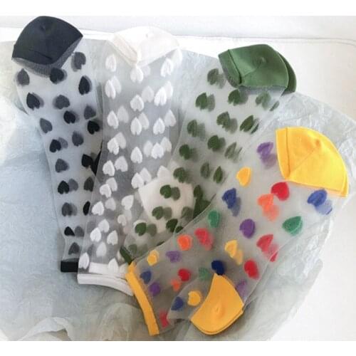 Transparent Women Socks Summer Harajuku Love Heart Soft Cotton Bottom Socks Women Mesh Glitter Short Invisible Socks носки