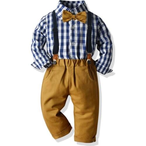 Clothes for 1-6 Years Boys Clothing Blue and White Plaid Shirt + Pants + Belt 4 PCS Children Outfit 2021 Spring New Arrive Boy