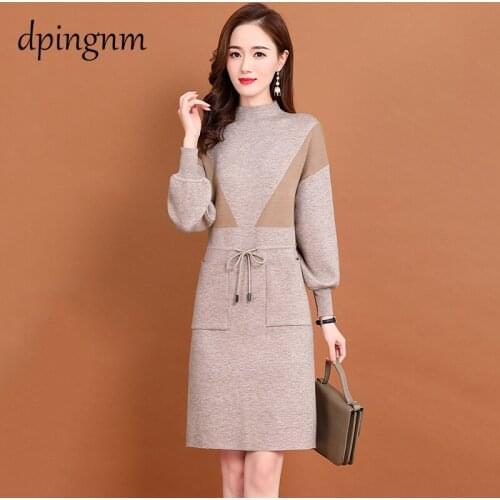 Autumn And Winter Women Bodycon Sheath Sweater Dress Knitted Cotton Long Sleeve Casual Midi