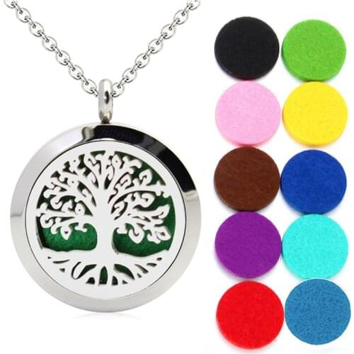 25mm Diffuser Necklace Pendant Lotus Flower Tree of Life Stainless Steel Essential Oil Aroma Perfume Locket 10pcs Pads
