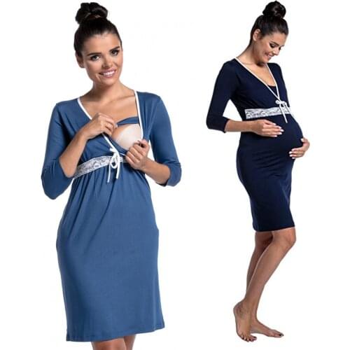 Nursing Pajamas Lace Belt V-neck Pregnant Breastfeeding Nightgown Dress Women Maternity Sleepwear For Pregnancy Nightwear Dress