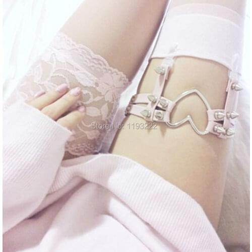 Wholesale Sexy Handmade Punk Rock Harajuku Leg Garter, Big Spiked Heart Adjustable Leather Garters, Double Studded Thigh Straps
