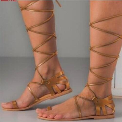 Summer woman sandals PU Lace Up Flat Toe Front & Rear Strap Comfy Soft Retro Wedge Low Heels Shoes Thick Bottom Ladies Sandal