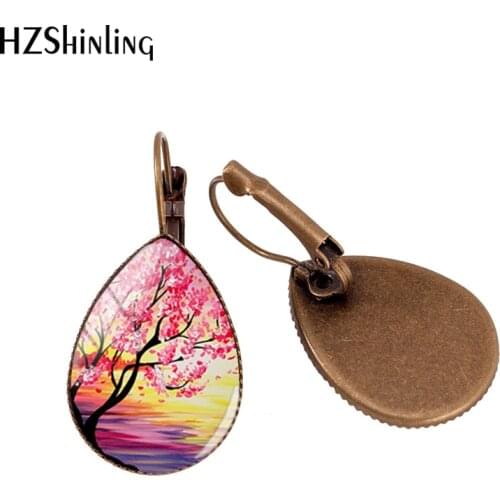 2021 New Beautiful Tree Art Painting Ear Clip Sakura Cherry Blossom Tear Drop Earring Handmade Glass Dome Jewelry Earrings