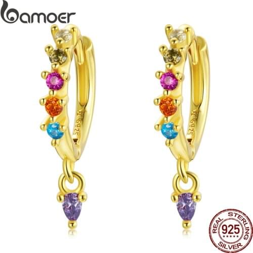 Bamoer 925 Sterling Silver Colorful Zircons Gold Ear Buckle Purple Hoop Earring Water Drop Earring Fashion Jewelry SCE1209