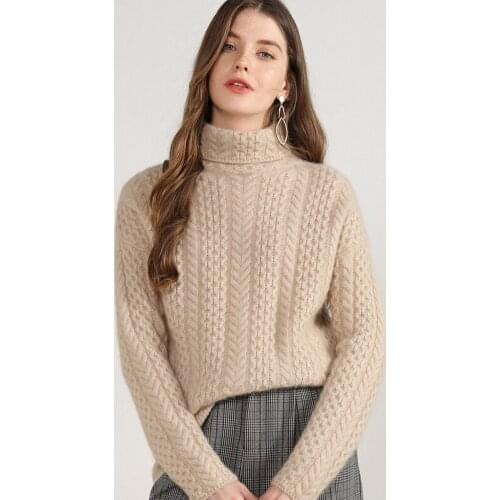 Winter thick 100% cashmere sweater turtleneck woman warm pullovers cable knitted long sleeve soft ladies fashion knitwear