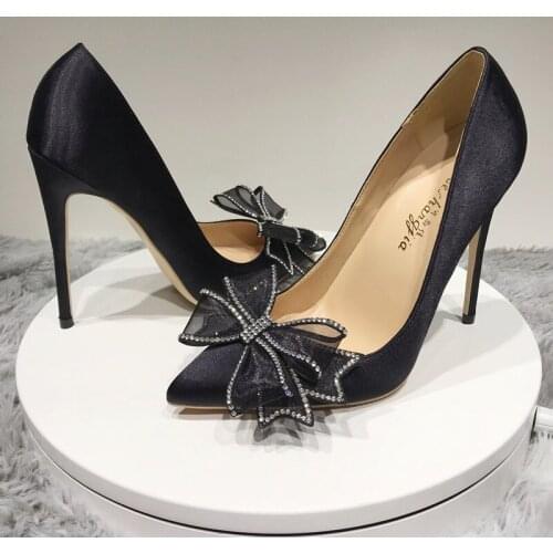 Butterfly-knot Diamond Super High Heels Women Thin Heel Pointed Toe Single Shoes Silk Shallow Fashion Black Pumps Shoes Ladies