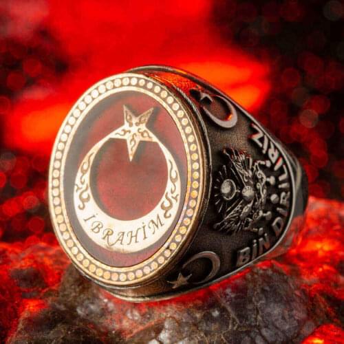 Turkish Men Ring, Oval Turkey Of Flag Motif Ring Ottoman Tughra Style Ring Handmade Jewelery Gifts For Him