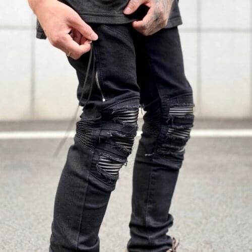 High Street Leather Patch Mens Jeans Wrinkle Wash Water Slim Fit Stretch Black Jeans Man Motorcycle Pants Ripped Jeans For Men