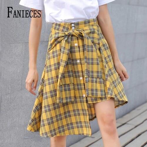 FANIECES Spring Summer Red Plaid Irregular Skirts Womens Female Korean Asymmetrical Skirt Saias Mulher Faldas Mujer Moda 2021