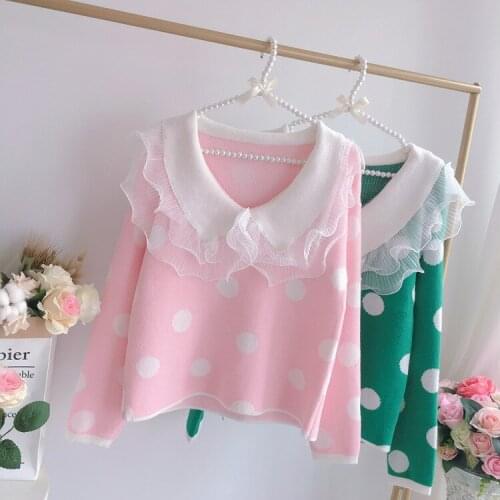 Harajuku Japanese Kawaii Soft Girl Sweater Fairy Doll Collar Net Yarn Lace Dot Mohair Sweater Navy Collar Pink Sweater Women