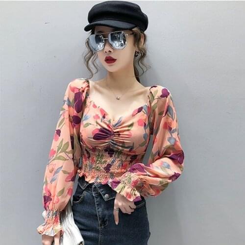 Retro Wooden Ear Floral Print Blouse Holiday Beach Style Women Slim Fit Pleat Blusas Square Collar Off Shoulder Chiffon Shirt