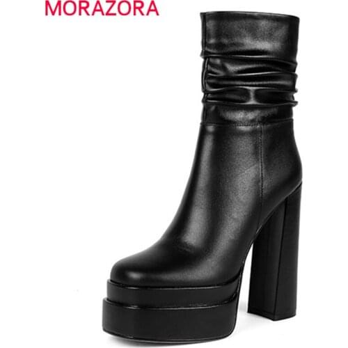 MORAZORA 2022 Newest Sexy Super High Heels Platform Shoes Women Ankle Boots Square Toe Zip Pleated Autumn Winter Boots Woman