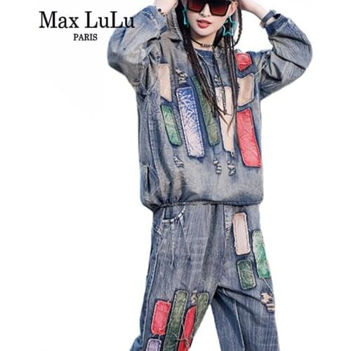 Max LuLu New Spring British Fashion Women Denim Printed Two Pieces Sets Ladies Hooded Vintage Tops And Harem Pants Gothic Outfit