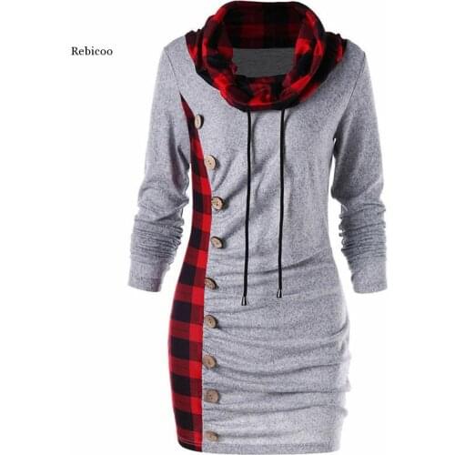 Females Long Sleeves Autumn Winter Tops Wear New Plaid Patchwork Sweatshirt Dress Ladies Long Loose Casual Hoodies Tee Tops Hot