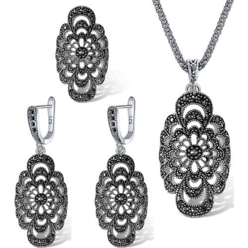 Ring Size 7-9 Black Flower Necklace Earrings High Quality Hollow Vintage Plant Jewelry Sets For Women