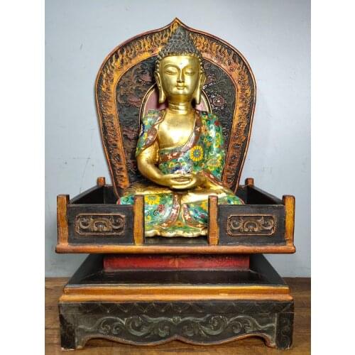 12" Tibet Buddhism Temple Old Bronze Cloisonne Shakyamuni Buddha Statue Amitabha statue Old lacquered wood Buddhist altar
