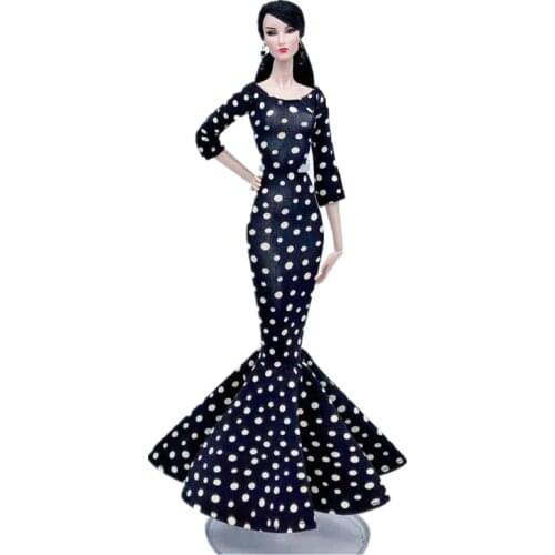 1/6 BJD Accessories For Barbie Doll Clothes Classic Black Princess Fishtail Dotted Polka Dress Long Sleeve Party Gown Kids Toys