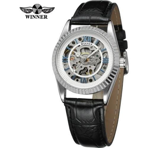 Fashion WINNER Top Brand Mens Man Automatic Mechanical Skeleton Genuine Leather Wrist Watches Luxury Gold Dial Clock Male