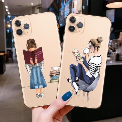 Cute GIRL Coffee And books Soft TPU Phone Case For iPhone 11 Pro XR X XS Max 8 8Plus 7 6 6S Plus 5S SE 2020 Cover Coque Fundas