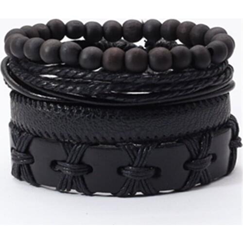 Black Rock Brown Woven Wood Beaded Hip hop Jewelry Leather Men Bracelets Set Women Vintage Bangle Male Homme Jewelry Accessories