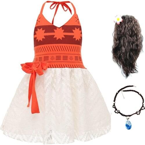Kids Moana Christmas Costume Girls Straps Backless Vaiana Summer Dress Wig necklace Children Clothes Carnival Birthday Attire