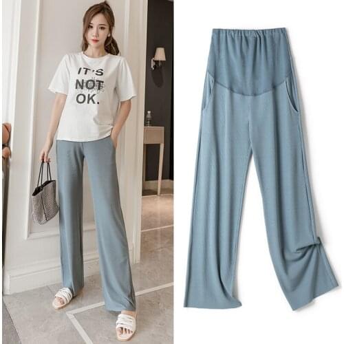 2021 Summer Pregnant Women Trousers Cool High Waist Maternity Wide-legged Pants Cotton Pregnancy Straight Trousers Belly Clothes