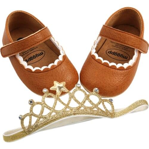 Summer Baby First Walkers Baptism Shoes and Headband Set Cute Mary Jane Flats and Shiny Crown Headband for Infant Girls