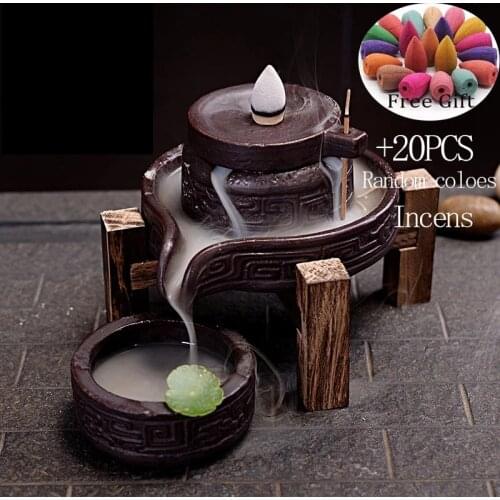Three-piece Suit Backflow Incense Burner Ceramic Incense Base with Wooden Frame & Pots Incense Cones Censer for Home Decor
