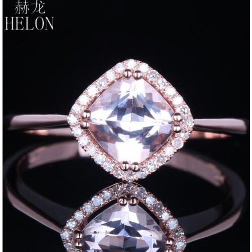 Solid 14k Rose Gold Flawless Cushion 6mm Genuine Natural Morganite Diamonds Engagement Wedding Fine Jewelry Women Diamond Ring