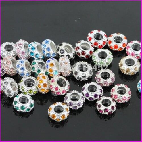 Wholesale 200pcs Novelty Mix color Rhinestone Big Hole Beads White-K Alloy Spacer Fit European Bracelet Jewelry Accessories