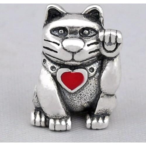 Original Red Enamel Love Heart Lucky Waving Cat Beads Fit 925 Sterling Silver Bead Charm Bracelet Bangle DIY Jewelry