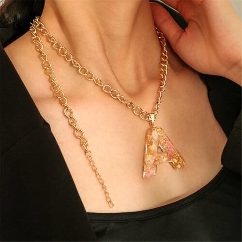 Otoky transparent dry flower gold foil resin pendant 26 English letters hip hop women Necklace clavicle chain street fashion ver