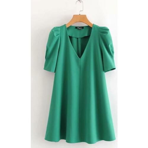 Nlzgmsj Za Dress Women 2021 Fashion V Neck Pleats Puff Sleeve Solid Green Mini Dress Chic Office Lady Vestidos 202107