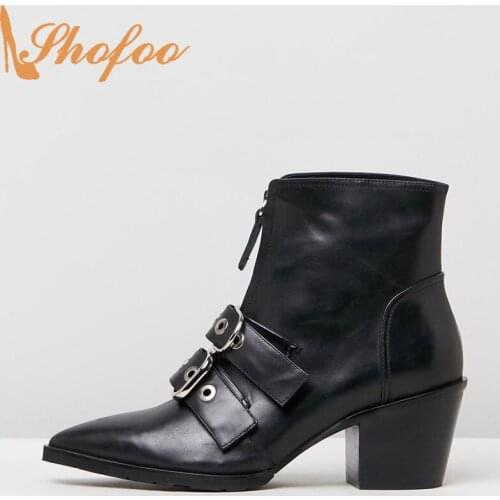 Shofoo Black High Chunky Heels Ankle Boots Woman Pointed Toe Zipper Large Size 13 15 Ladies Casual Shoes Footwear Fashion Mature
