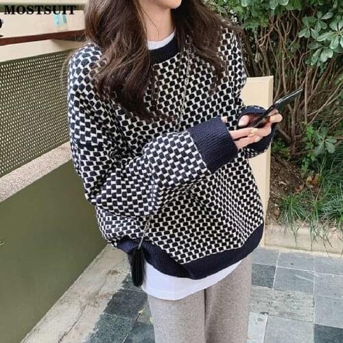 Vintage Plaid Knitted Pullover Sweater Women Full Sleeve O-neck Jumpers Loose Casual Korean Ladies Knitwear Tops 2021