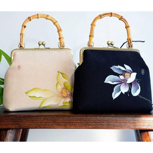 High-End Original Handbag Hand-Painted Bag 2020 New Style Retro Hanfu Bag Cheongsam Bamboo Handle Cotton Linen Womens Duffle Bag