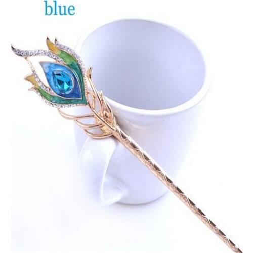 High Quality Crystal Hairpin Enamel Peacock Feather Hair Sticks For Women Hair Jewelry Metal Hair Fork Wedding Hair Accessories