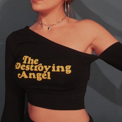 Summer Women Cropped Tank Top Woven Fabric One Shoulder The Destroying Angel Printed Sexy 2020 Streetwear