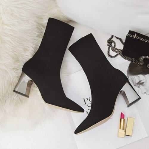 Metal Blade Heels Socks Boots Women Stretch Fabric Elastic Stilettos Heel Pointed Toe Ankle Boots Shoes Boats zapatillas mujer