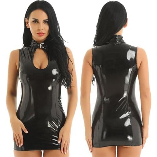 Womens Femme Fashion Dresses Leather Mandarin Collar with Cleavage Keyhole Sleeveless Bodycon Clubwear Sexy Bodycon Mini Dress