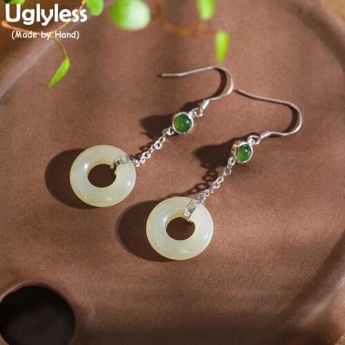 Uglyless Natural Jade Peace Buckle Earrings for Women Classic China Chic Gemstones Dangle Earrings 925 Silver Fine Jewelry E1649