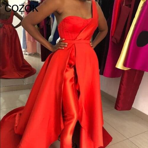 Red Women Jumpsuit Evening Dress With Detachable Overskirt One Shoulder Satin Evening Dresses Sweep Train Formal Party Gowns