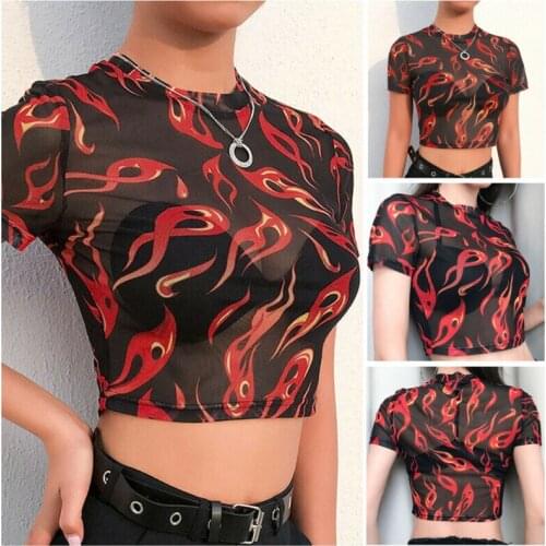 Womens Sheer Mesh Fish Net Short Sleeve Bodycon See Crop Top T-Shirt Blouse