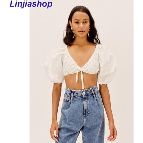 Women top white cotton crop top short sleeve lace up elastic tank top club solid Fashion Night party vintage camis